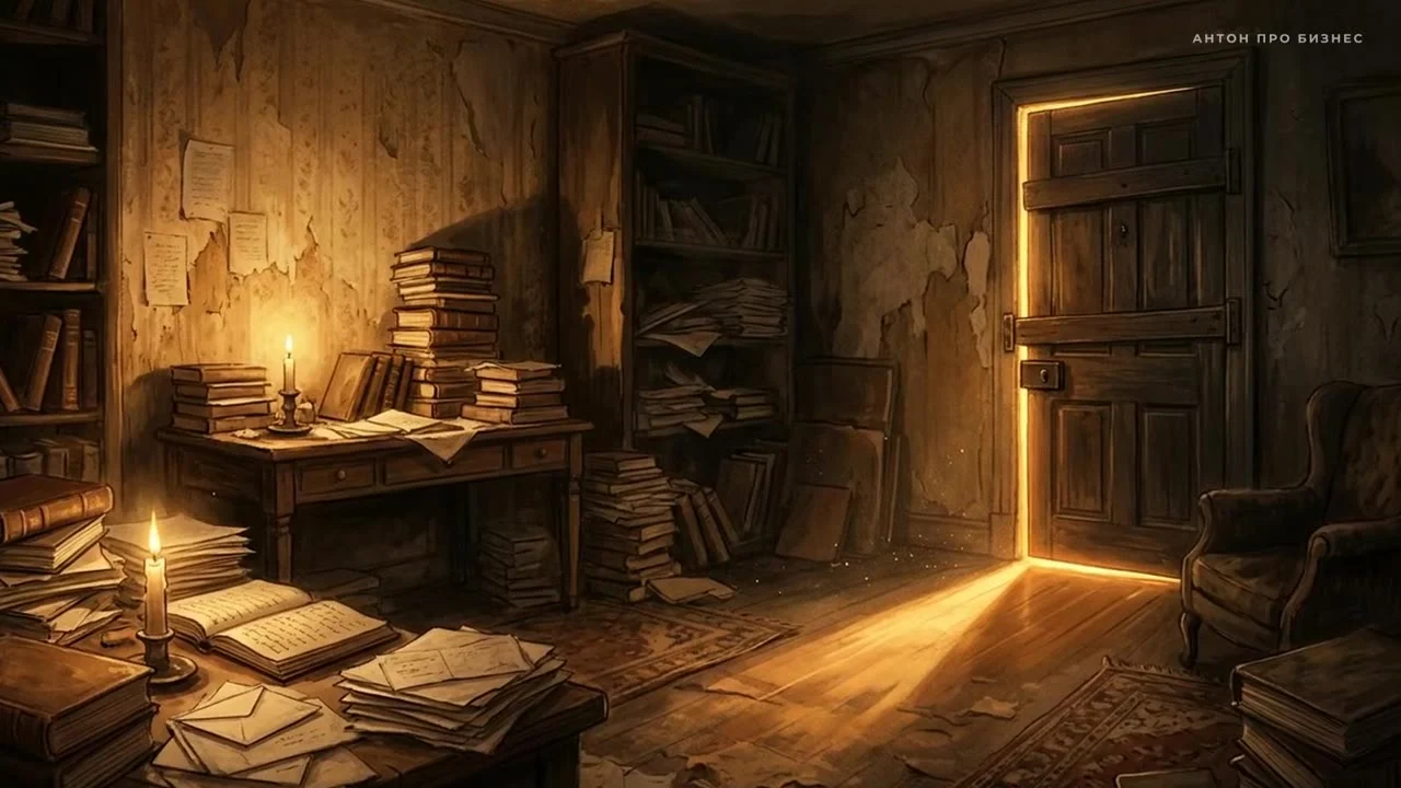 Приоткрытая дверь со светом в тёмной комнате