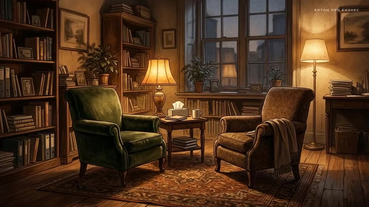 Кабинет с двумя креслами и книжными полками