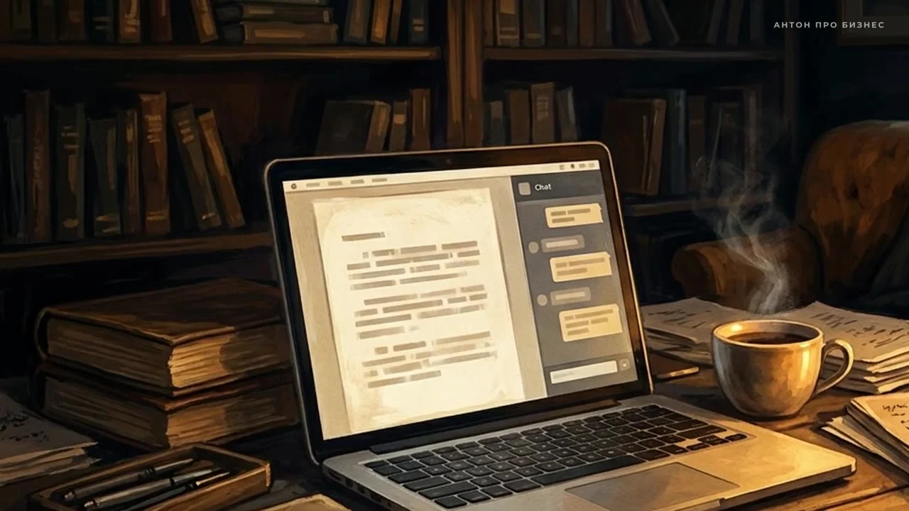Ноутбук с текстом среди старых книг