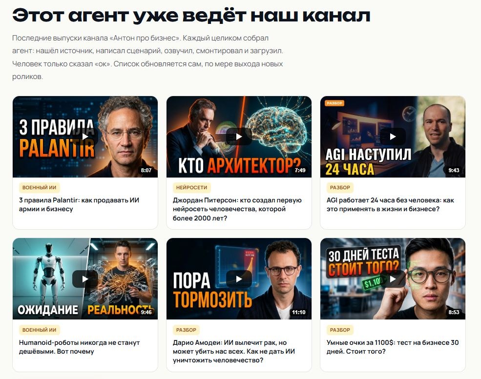 Лента выпусков канала «Антон про бизнес», которые собрал ИИ-агент