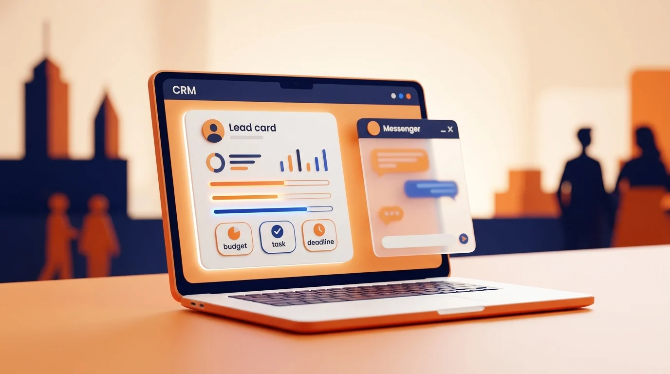 Карточка заявки в CRM с заполненными бюджетом, задачей и сроком рядом с окном мессенджера