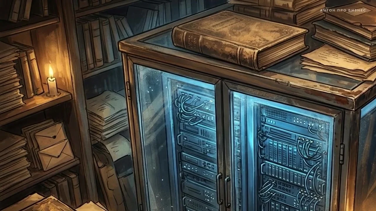 Шкаф с серверами среди старых книг