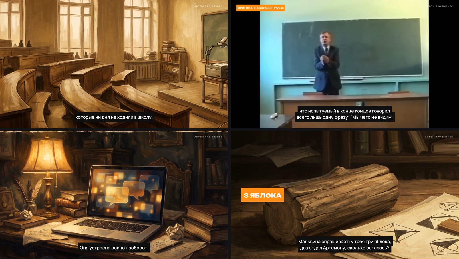 Кадры из разбора: лекция Петухова, ответ крестьянина, нейросеть, которая устроена наоборот, и задача про три яблока