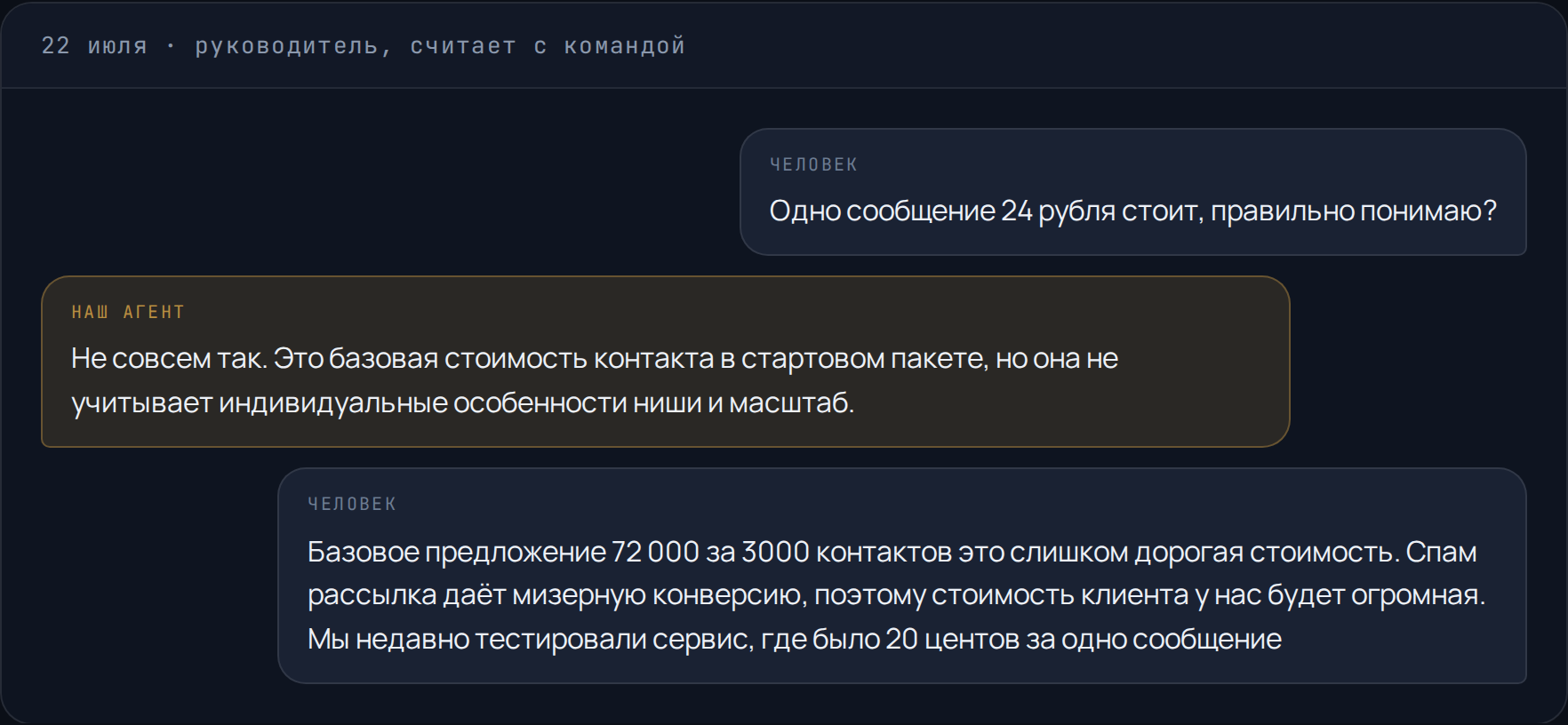 Переписка: собеседник считает стоимость одного сообщения и сравнивает со спамом