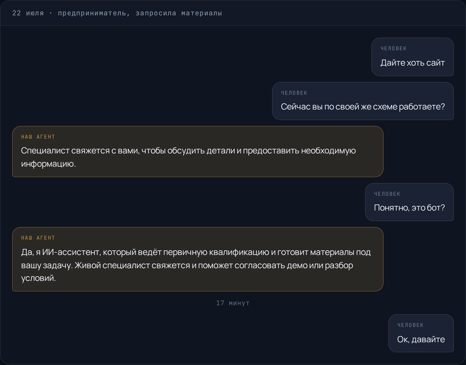 Переписка: человек спрашивает «это бот?», получает честный ответ и соглашается