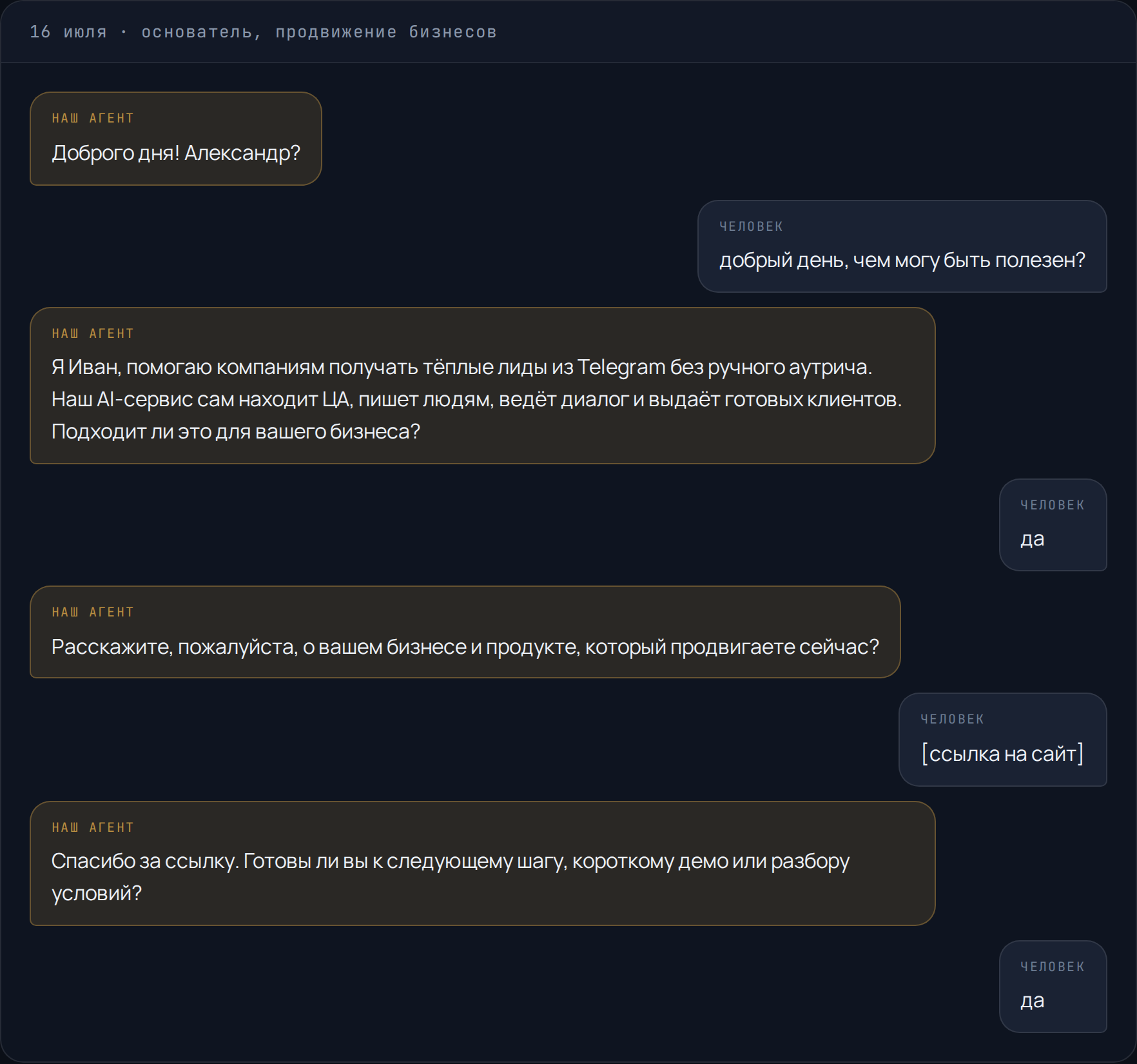 Короткая переписка на восемь сообщений, которая закончилась лидом